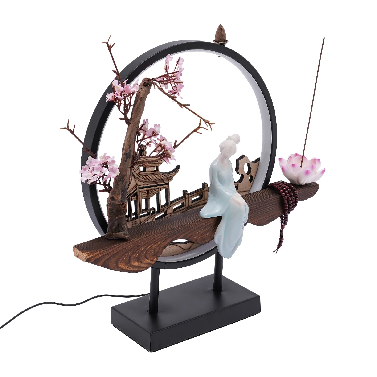 Modern Home Waterfall Ceramic Incense Holder with LED Light, Countertop Design, Includes Accessories