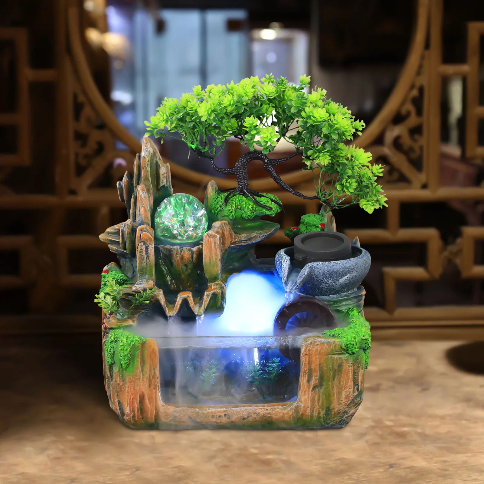 9.84In Tranquil Meditation Water Fountain With LED Light, Crystal Ball & Mist Atomizer