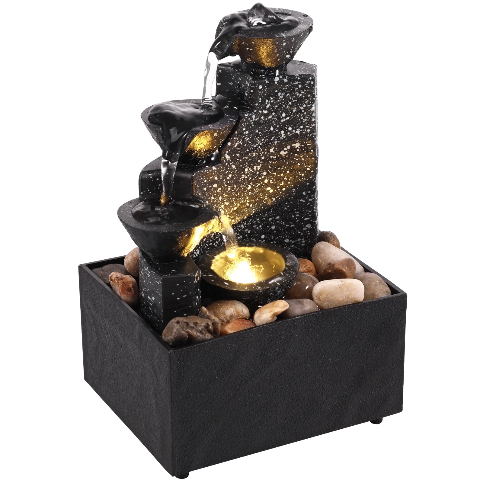 Artistic 3-Layer Mini Water Fountain with Soothing Sound, Soft Light, and Natural Pebbles