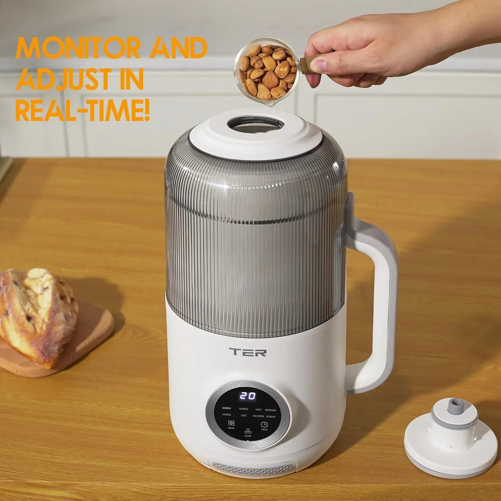 10-in-1 Electric Nut Milk Maker on a countertop, perfect for making soups and smoothies.