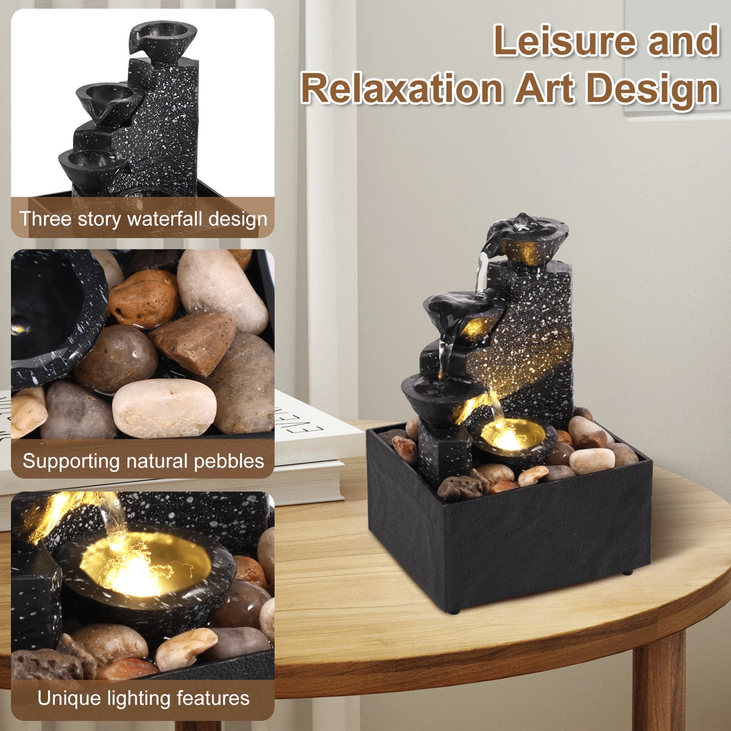 Artistic 3-Layer Mini Water Fountain with Soothing Sound, Soft Light, and Natural Pebbles