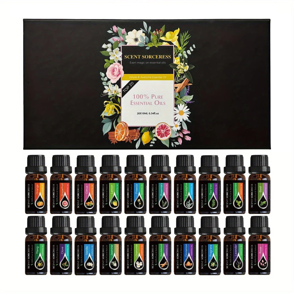 20-Piece Essential Oil Set - Lavender, Eucalyptus, Sweet Orange & Lemon for Aromatherapy & Massage