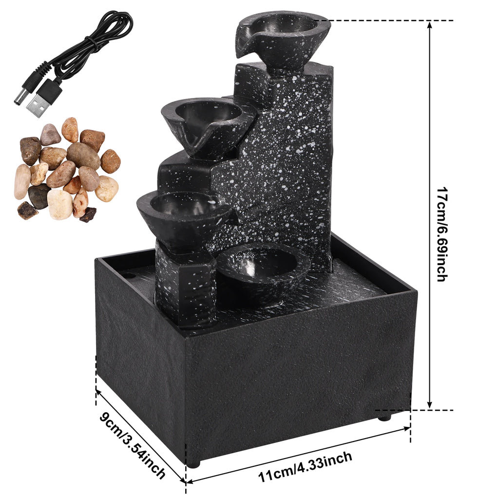 Artistic 3-Layer Mini Water Fountain with Soothing Sound, Soft Light, and Natural Pebbles