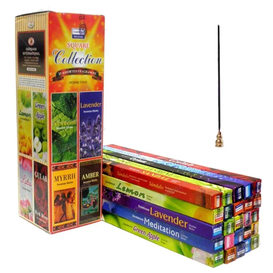 Collection of 25 Pack Mixed India Incense Sticks, featuring aromatic Sandalwood and White Sage for a soothing experience.