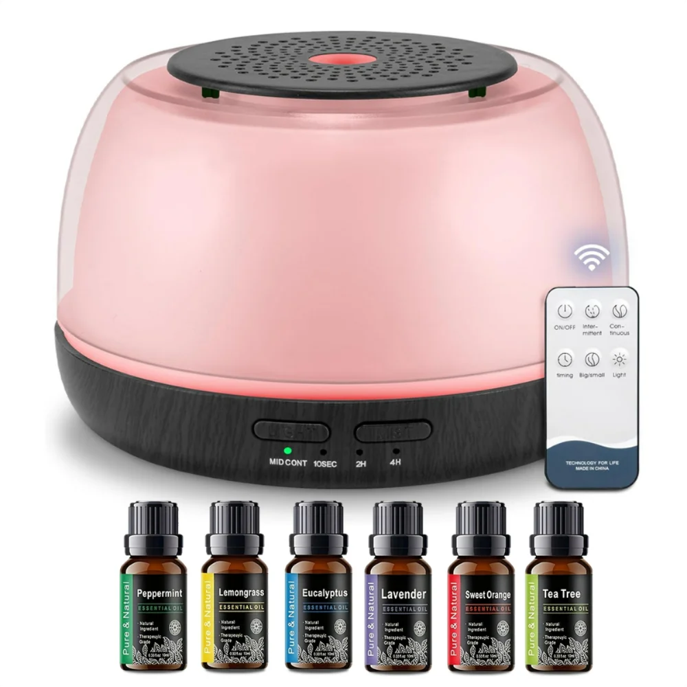 500ML Essential Oil Diffuser with Remote Control showcasing 7 LED Colors and stylish design.