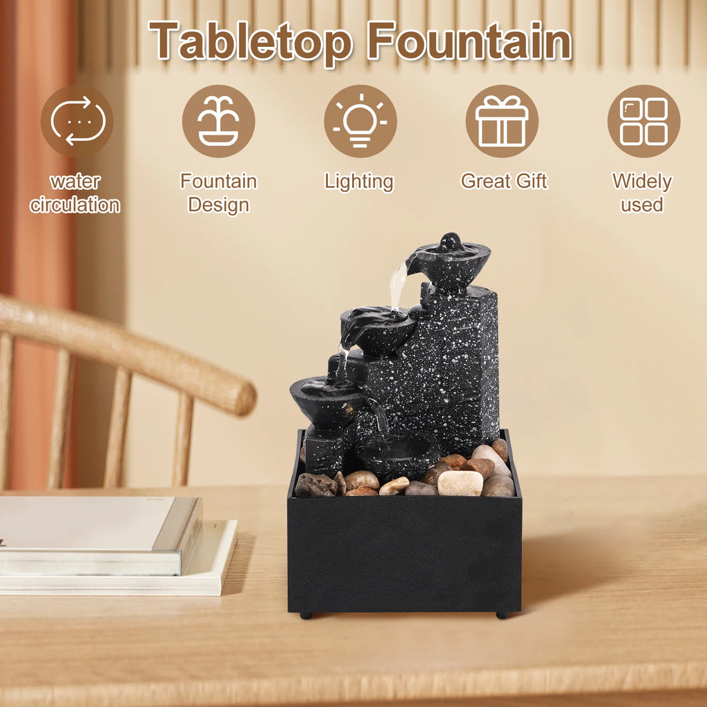 Artistic 3-Layer Mini Water Fountain with Soothing Sound, Soft Light, and Natural Pebbles