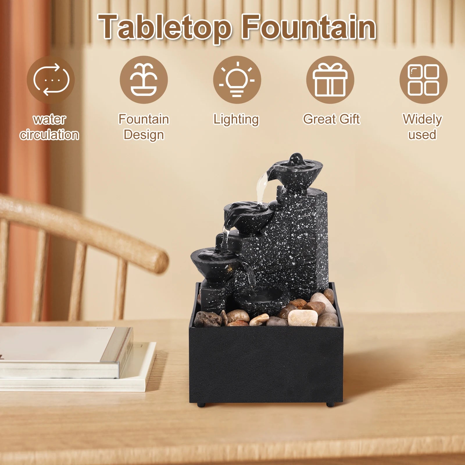 Artistic 3-Layer Mini Water Fountain with Soothing Sound, Soft Light, and Natural Pebbles