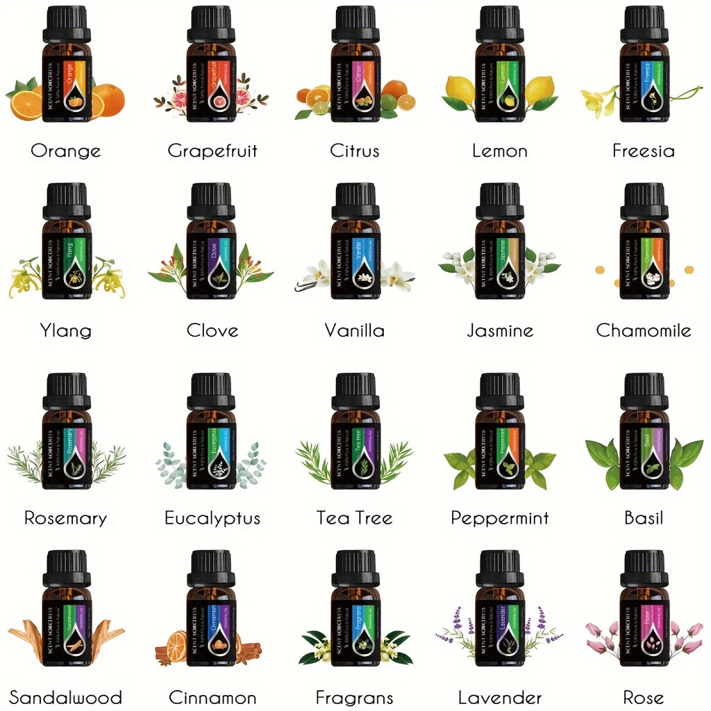 20-Piece Essential Oil Set - Lavender, Eucalyptus, Sweet Orange & Lemon for Aromatherapy & Massage