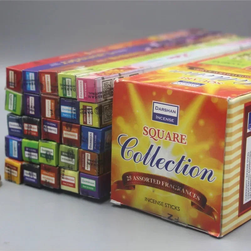Burning 25 Pack Mixed India Incense Sticks with calming Sandalwood and Tibetan scents, enhancing meditation space.